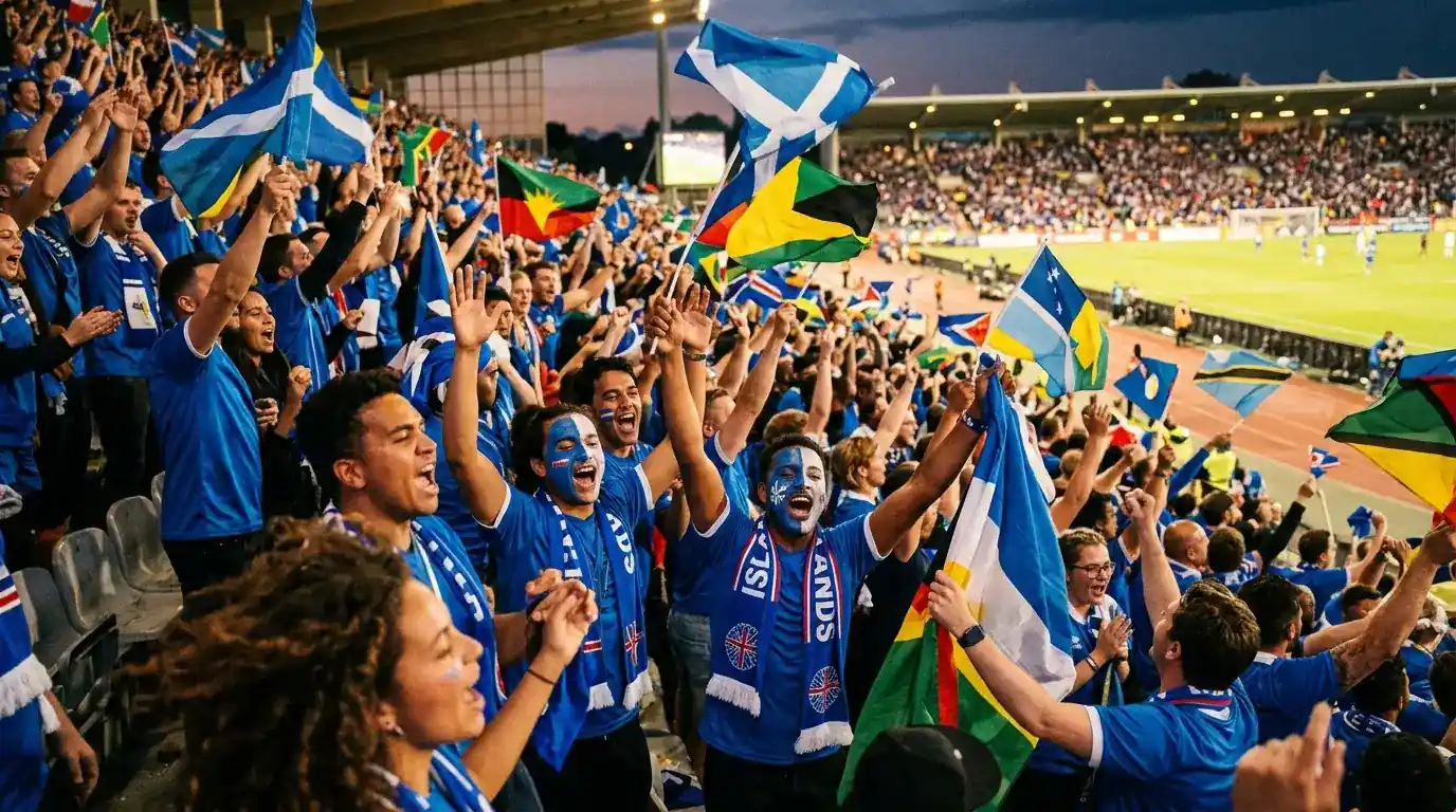 Football fans in blue celebrating joyfully with island flags, faces painted, pure underdog delight, warm evening light