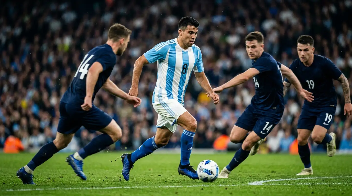 A veteran soccer maestro in a light blue and white striped kit on the ball under floodlights, defenders closing in, total control