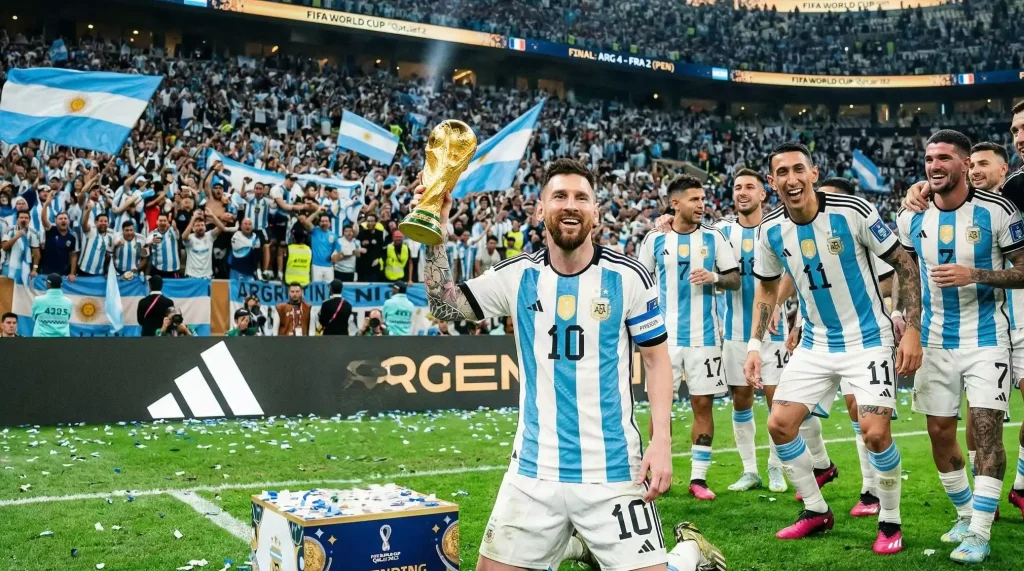 Argentina national team celebrating their 2022 World Cup victory, with Lionel Messi lifting the trophy that defines his legacy as the defending champions prepare for 2026