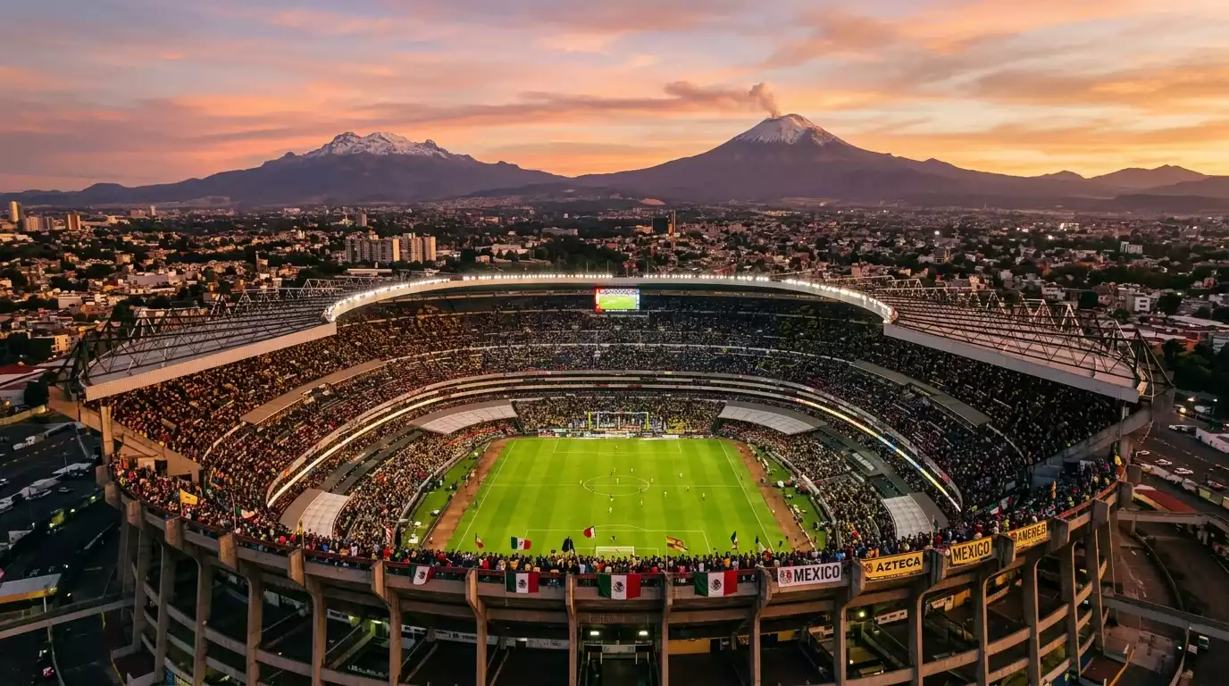 Estadio Azteca in Mexico City at sunset with dramatic volcanic mountains in background and packed stands