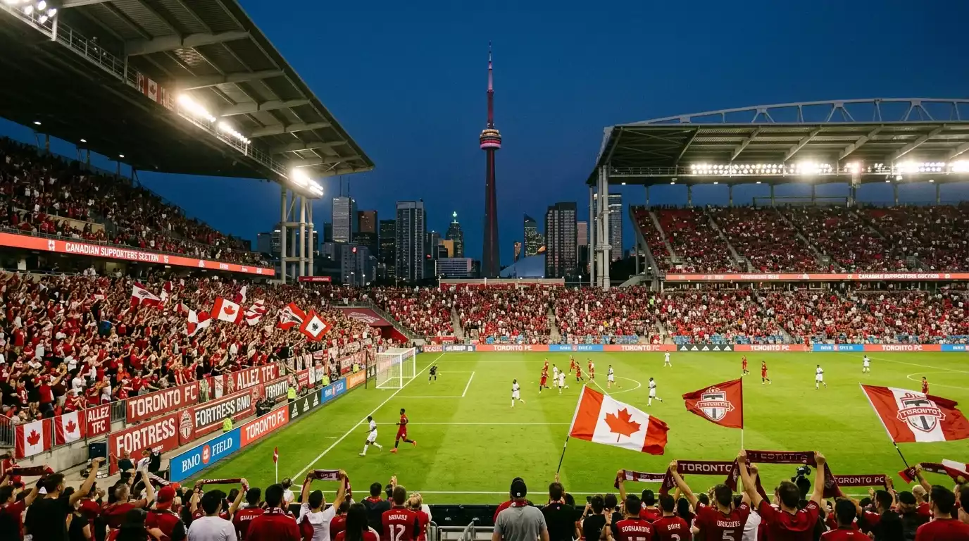BMO Field stadium in Toronto at evening with full stands and Canadian supporters section visible