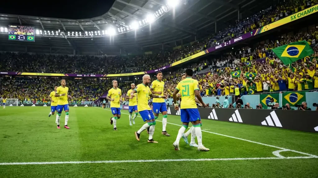 Brazilian national team in their iconic yellow jerseys, led by Vinícius Júnior as they prepare for World Cup 2026 seeking their sixth title after 24 years