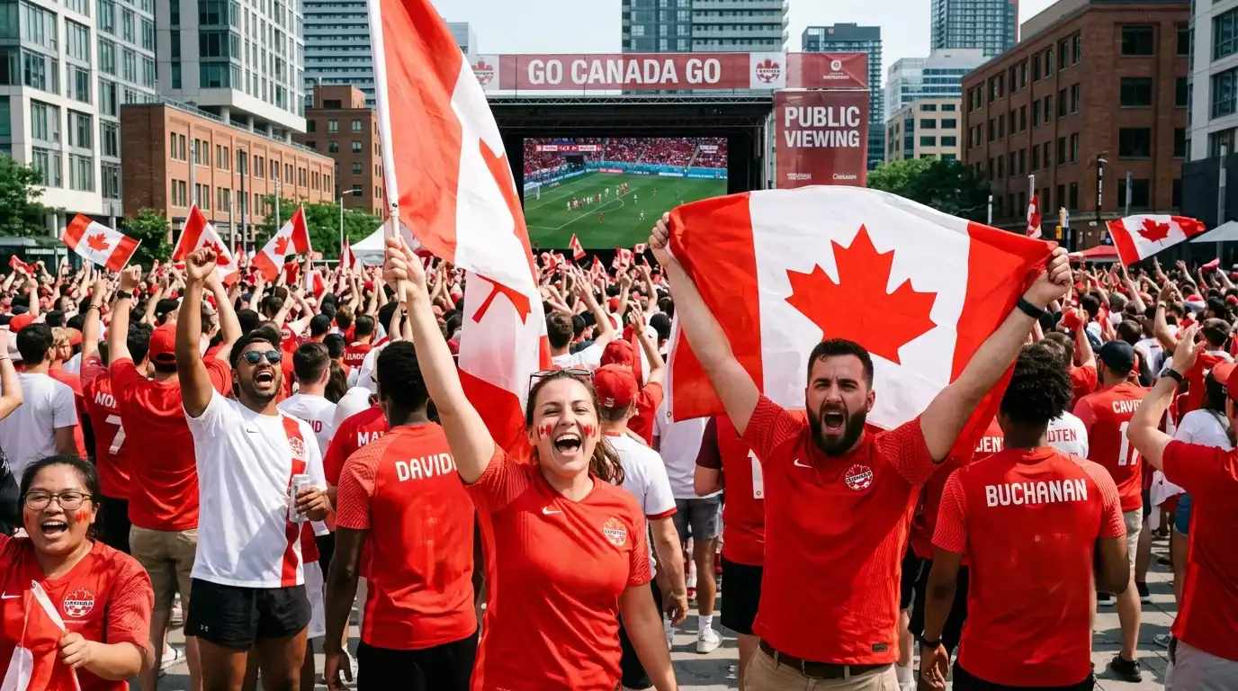 Canadian soccer fans celebrating in red and white at an outdoor viewing party with maple leaf flags