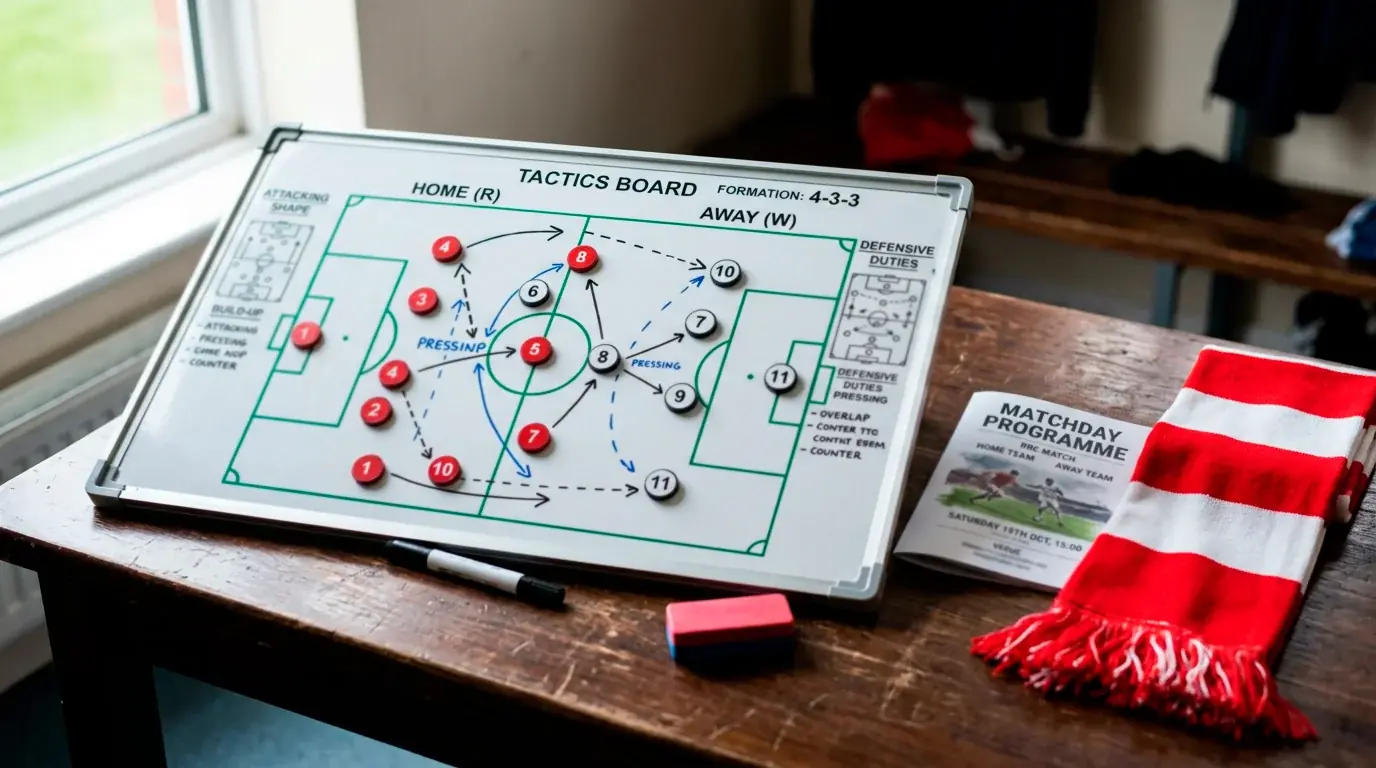 A tactics board and matchday programme on a table with Canadian colours, representing pre-match analysis of group standings