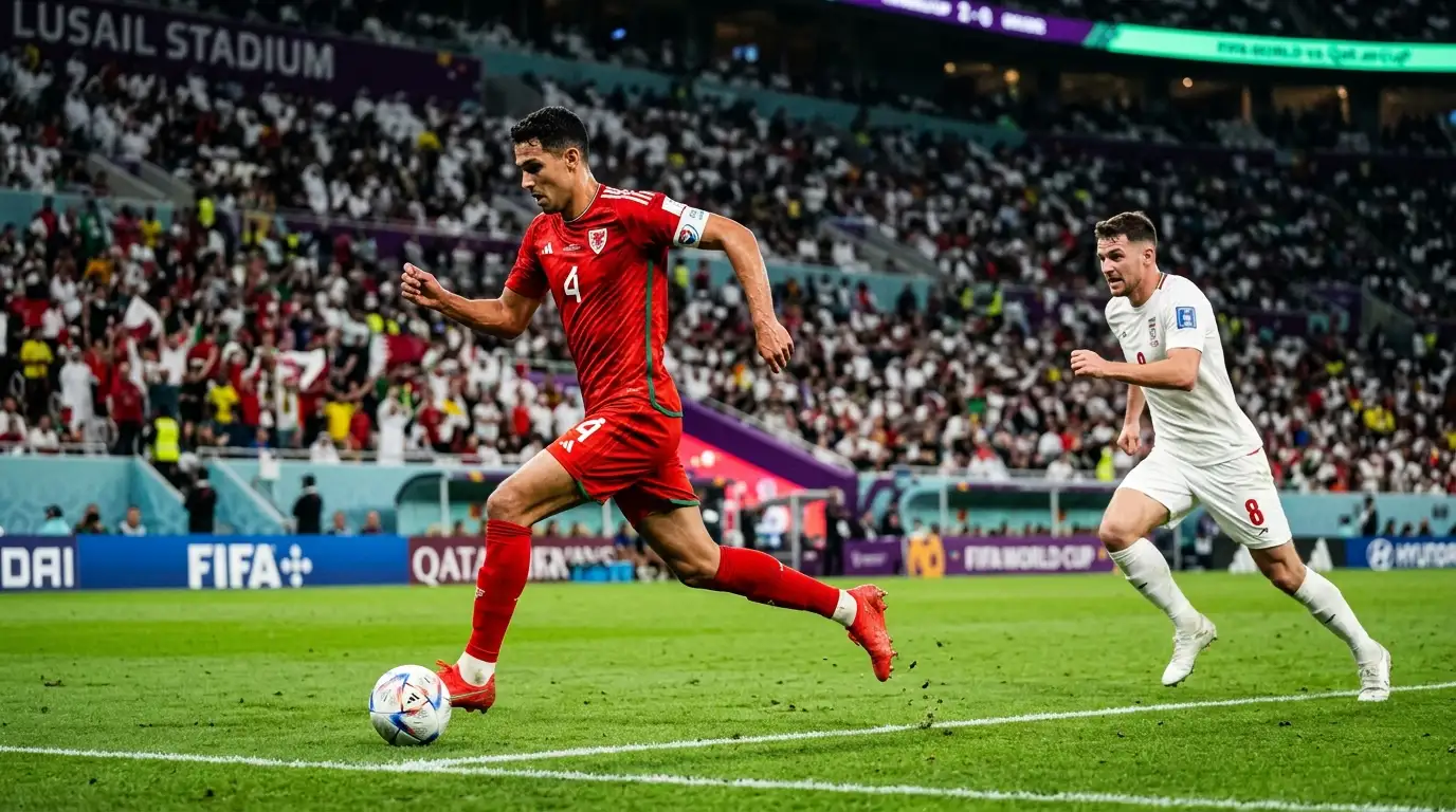 A dynamic soccer full-back in a red national-team kit sprinting down the wing with the ball during a floodlit World Cup match, defender chasing