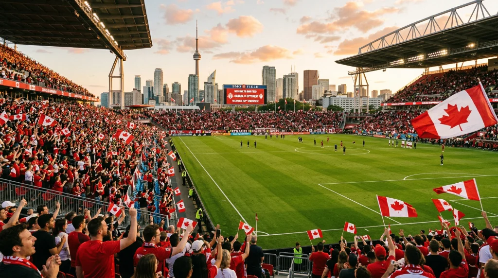 Canadian national team celebrating at BMO Field in Toronto, maple leaf flags waving in the stands as players prepare for their historic World Cup 2026 home tournament