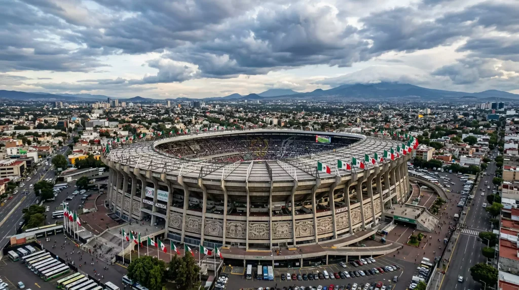Estadio Azteca in Mexico City hosting World Cup 2026 opening match with iconic architecture and massive crowd