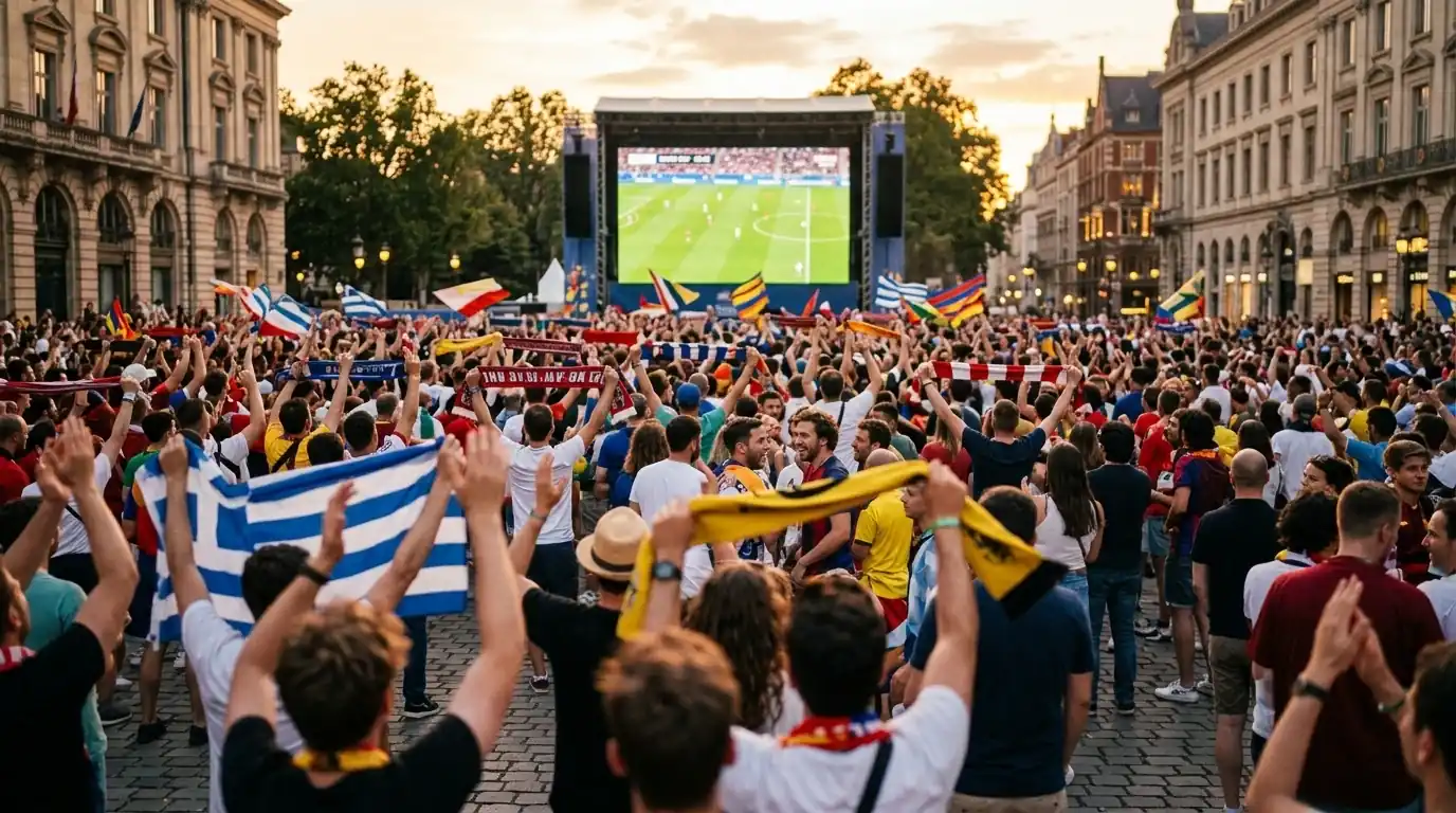 A crowd of fans watching a match on a large outdoor screen at a summer fan festival, warm evening light, flags and scarves raised
