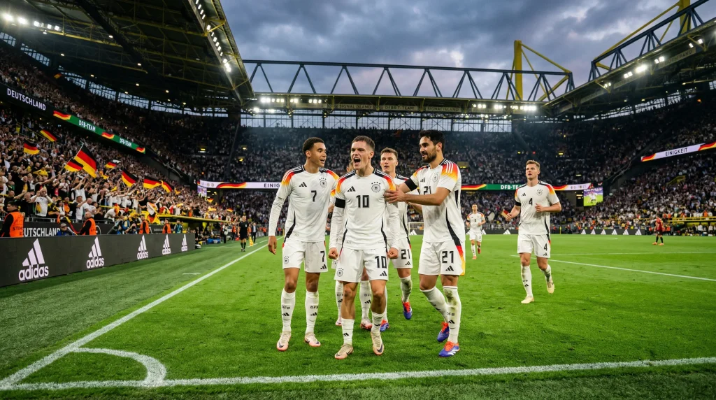 German national team players featuring Florian Wirtz and Jamal Musiala, representing the youth revolution driving Die Mannschaft's World Cup 2026 campaign