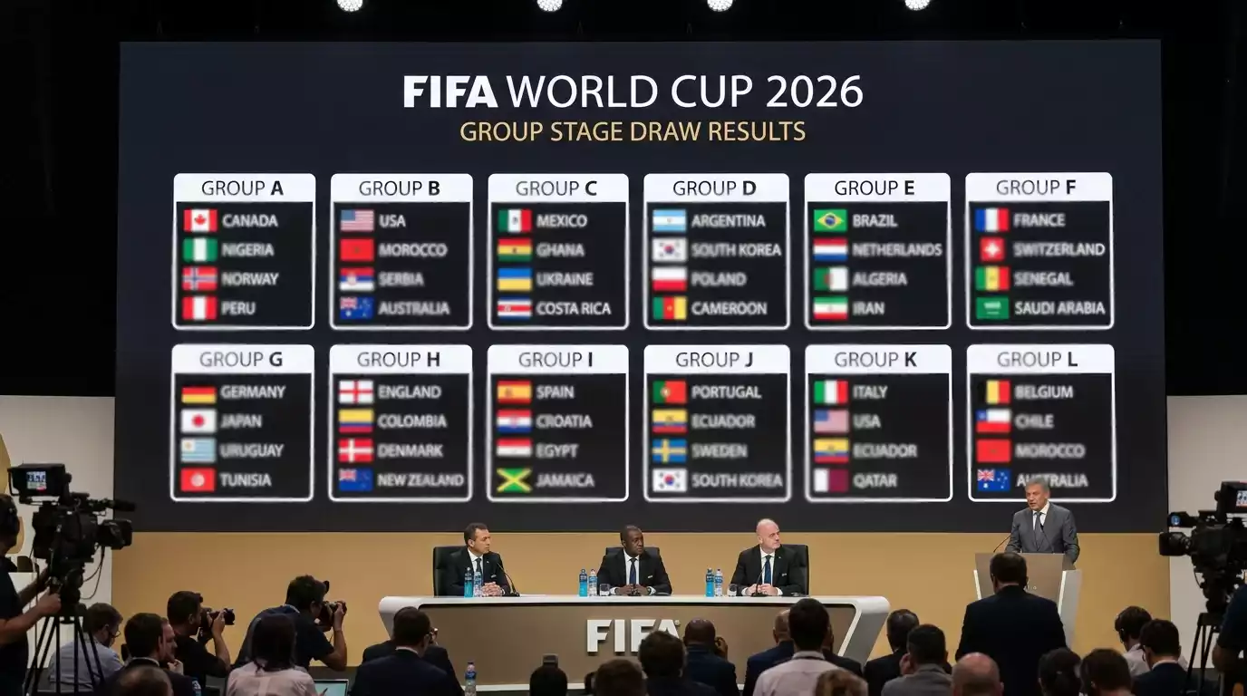 World Cup group stage draw display board showing 12 groups of four teams with national flags