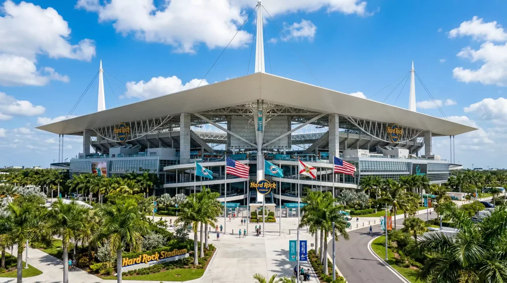 Hard Rock Stadium in Miami Gardens Florida with canopy structure ready for World Cup 2026 matches