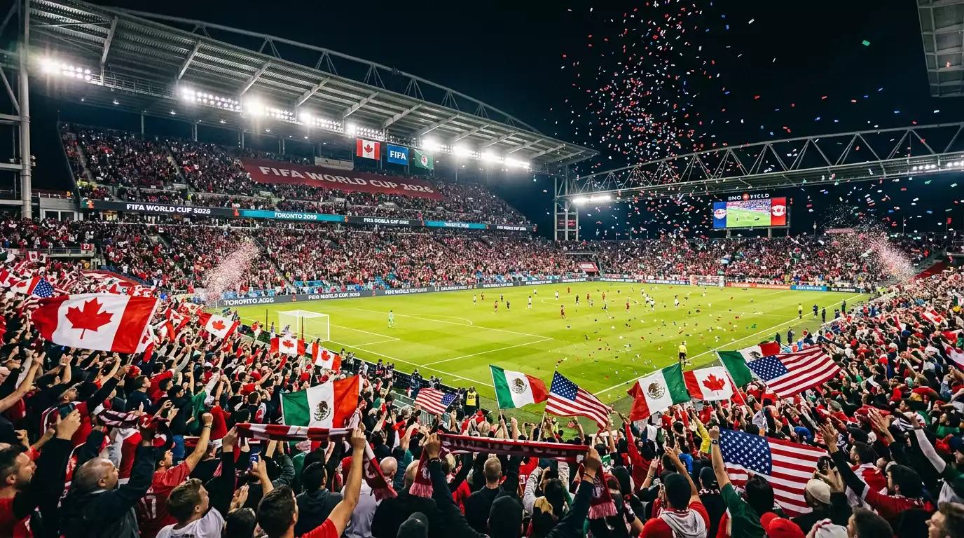 World Cup 2026 tournament atmosphere with North American host nation flags and soccer celebration at night
