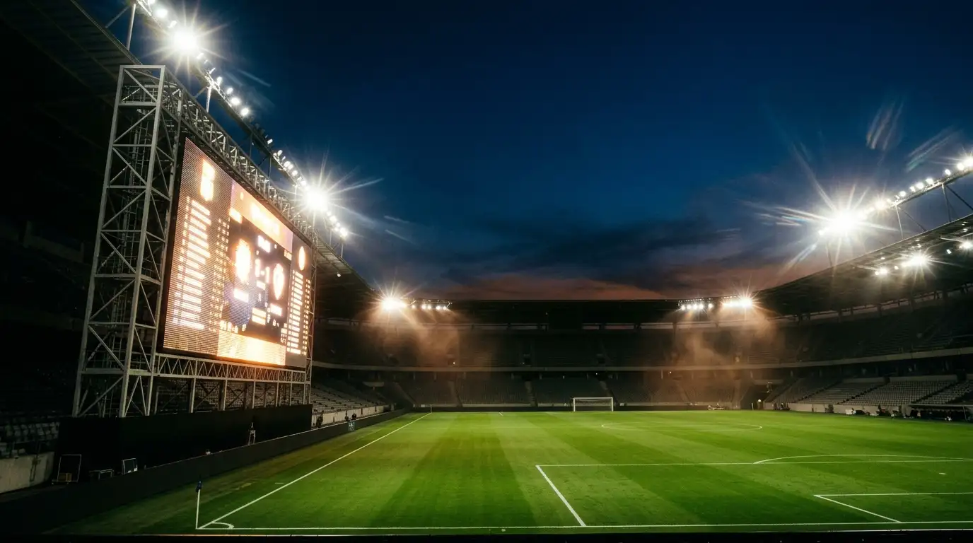 A close-up of a stadium scoreboard and floodlights at dusk over a green pitch, evoking the tension of a record on the line