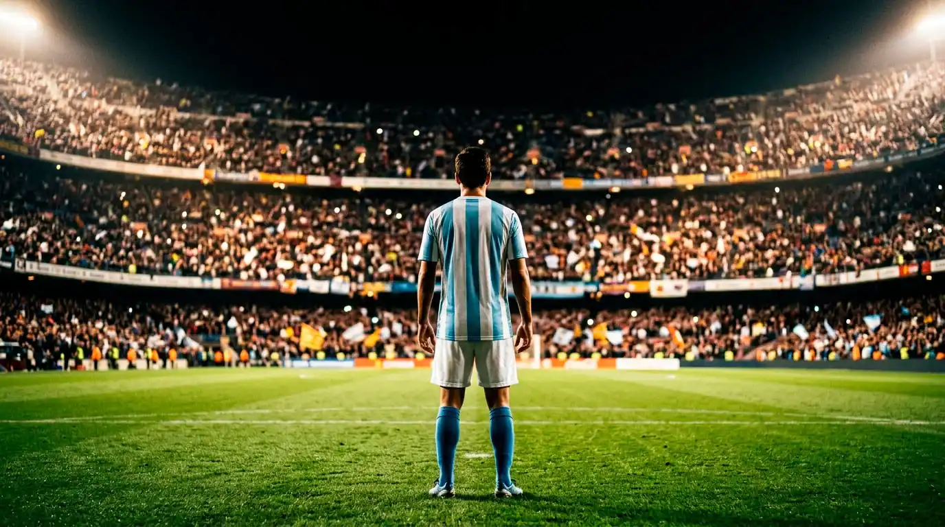 A lone soccer player standing on a floodlit pitch with arms slightly raised, silhouetted against a packed stadium, evoking a historic individual moment