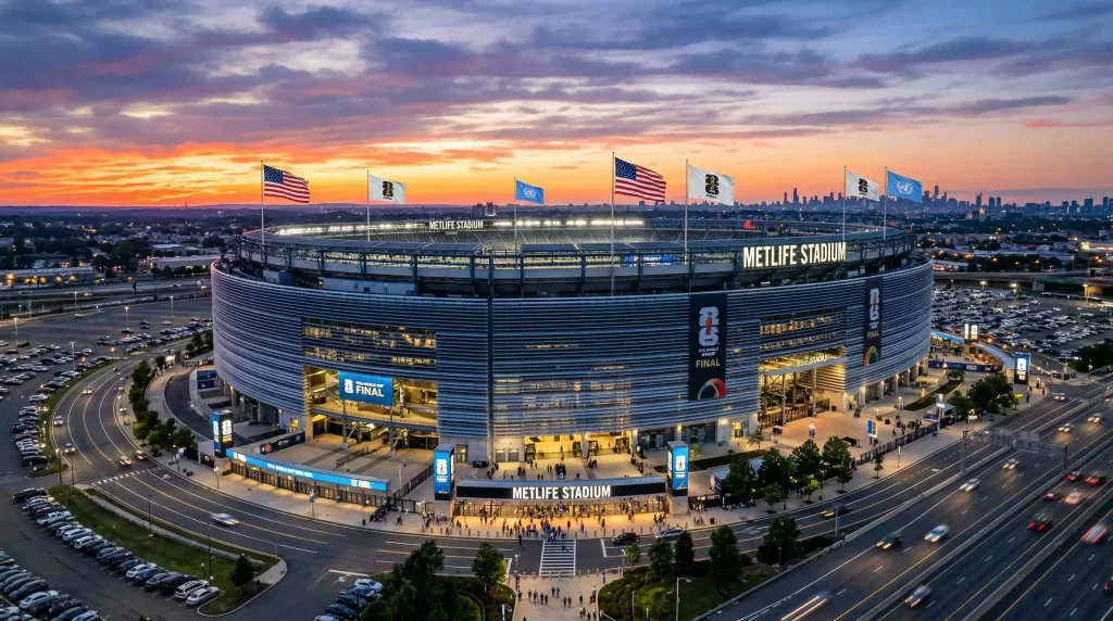 MetLife Stadium in East Rutherford New Jersey hosting World Cup 2026 final with capacity crowd