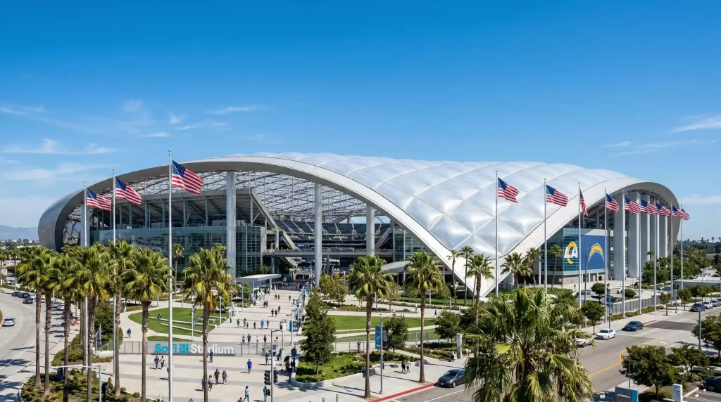 SoFi Stadium in Inglewood Los Angeles with distinctive roof canopy ready for World Cup 2026 matches