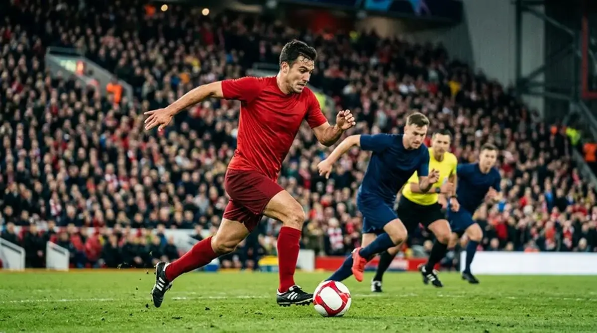 A soccer player in a red national-team jersey driving forward with the ball during a World Cup knockout match, defenders in pursuit, floodlit stadium behind