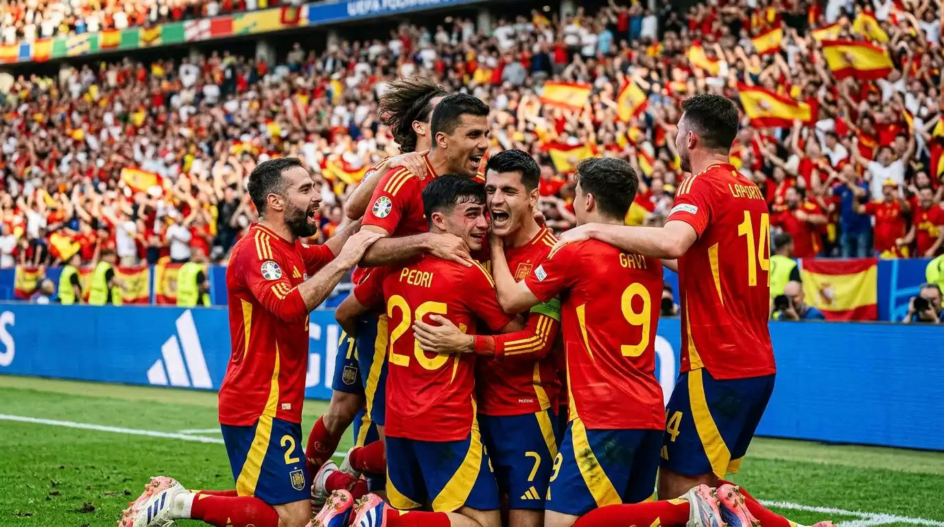 Spanish national team players in red jerseys celebrating a goal together on the pitch during a major tournament