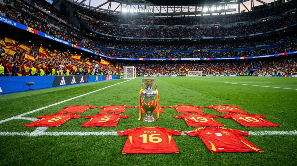 Spanish national team players celebrating their Euro 2024 victory, setting the stage for World Cup 2026 domination under manager Luis de la Fuente