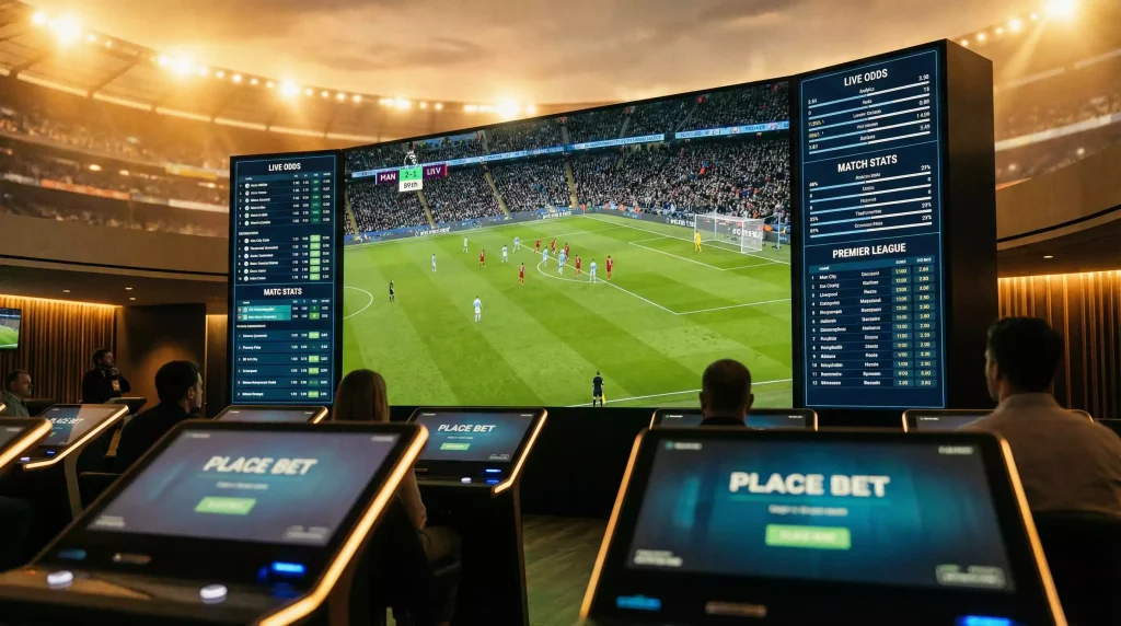 Soccer betting display showing World Cup 2026 odds and match predictions on multiple screens