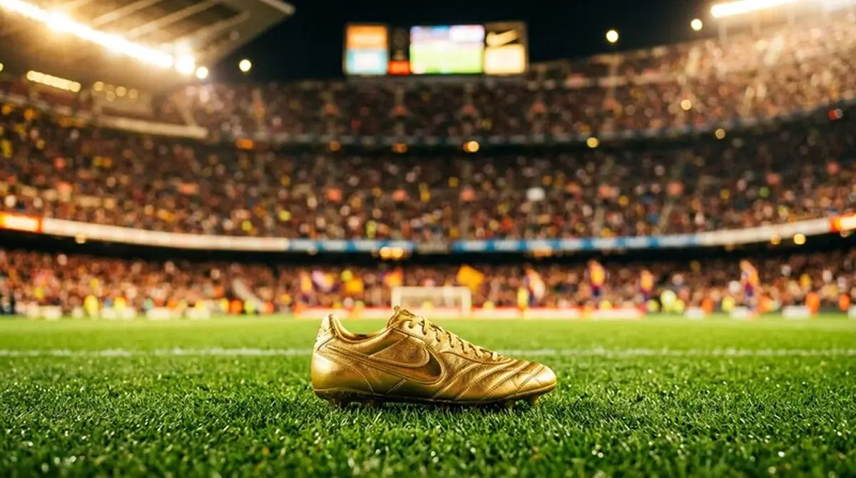 A golden soccer boot resting on a floodlit pitch with a stadium backdrop, symbolising the World Cup top-scorer race