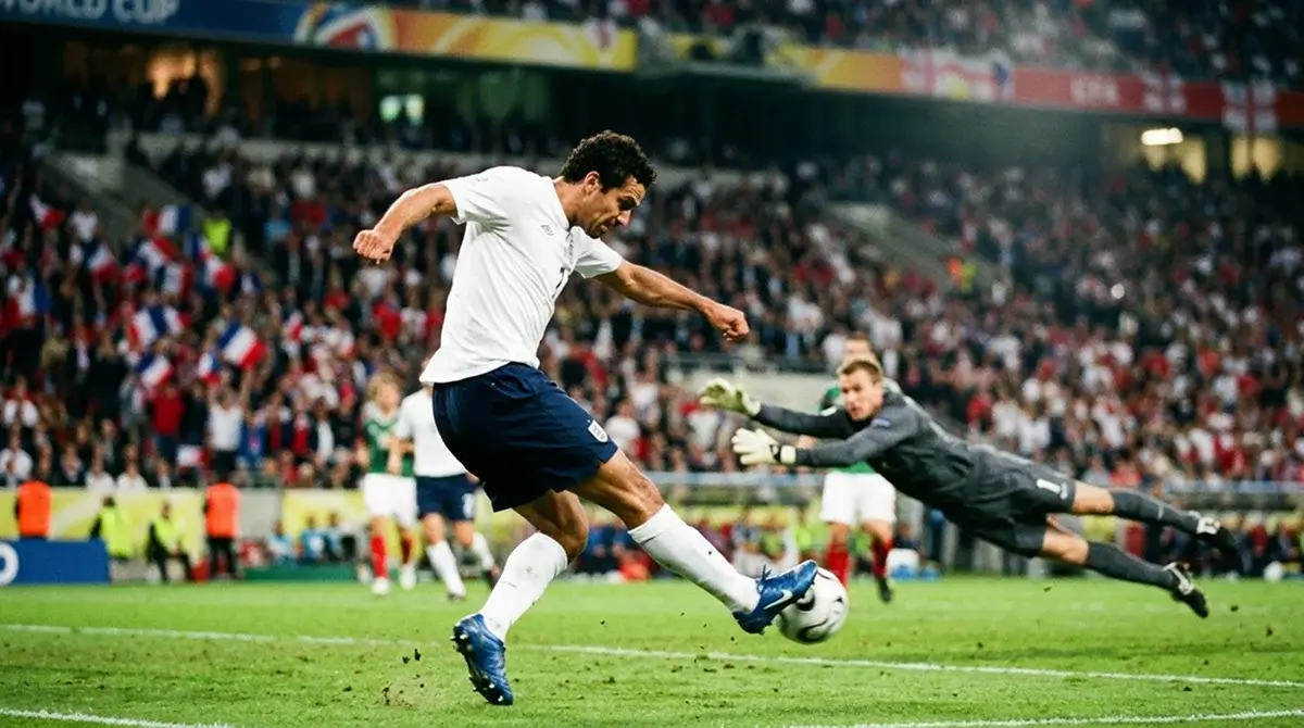 A soccer striker in a plain kit striking the ball cleanly toward goal during a World Cup match, goalkeeper diving, floodlit stadium behind