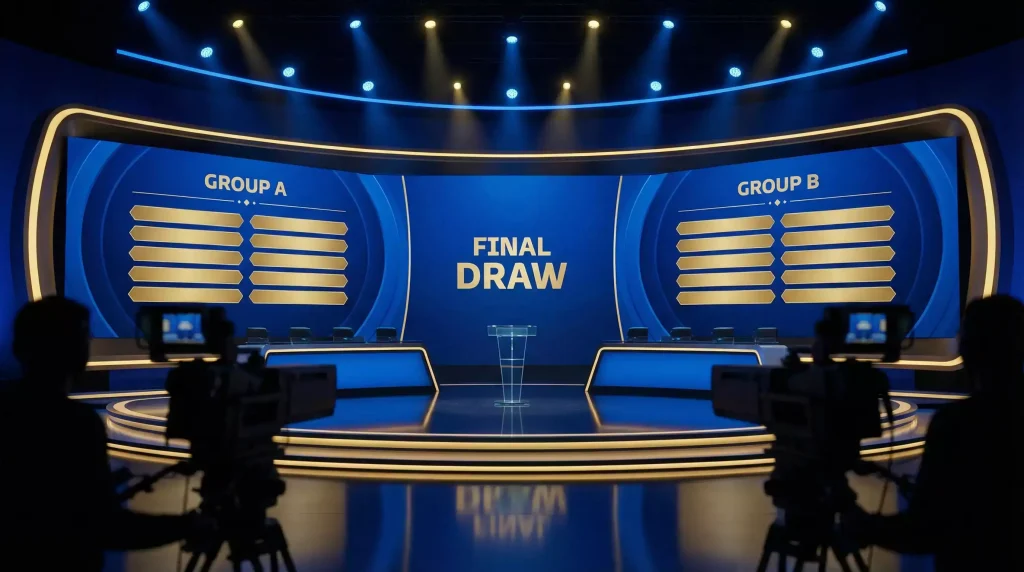 Official World Cup 2026 draw ceremony showing all 12 group assignments on display boards