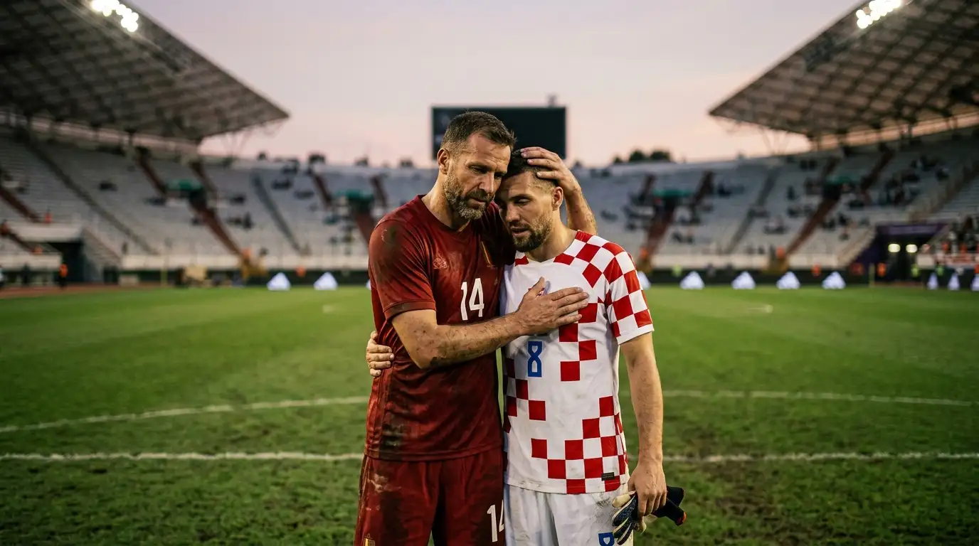 Two veteran footballers embracing on the pitch after a World Cup match, floodlights and empty seats behind them, a moment of mutual respect