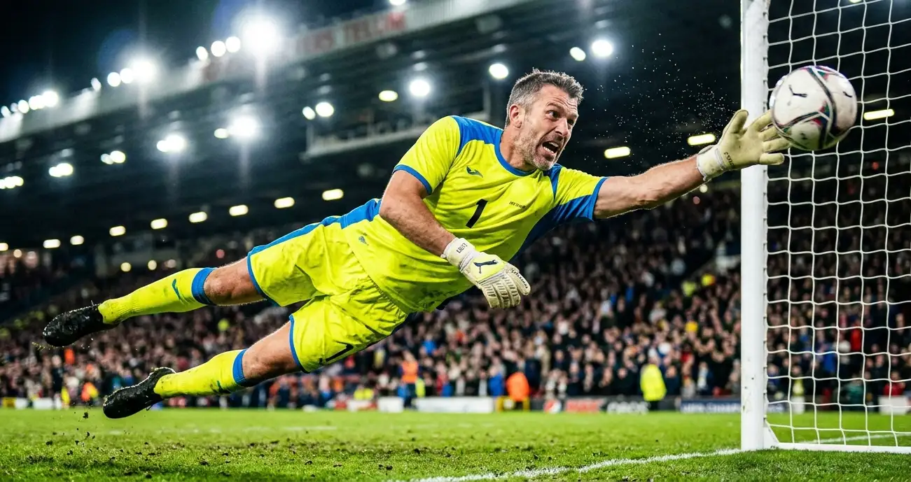 A veteran goalkeeper in a bright kit making a diving save under stadium lights, crowd blurred behind, dramatic and tense