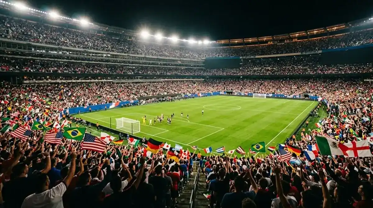 A World Cup 2026 stadium at night under bright floodlights with national flags in the crowd, capturing the close of a decisive group-stage matchday