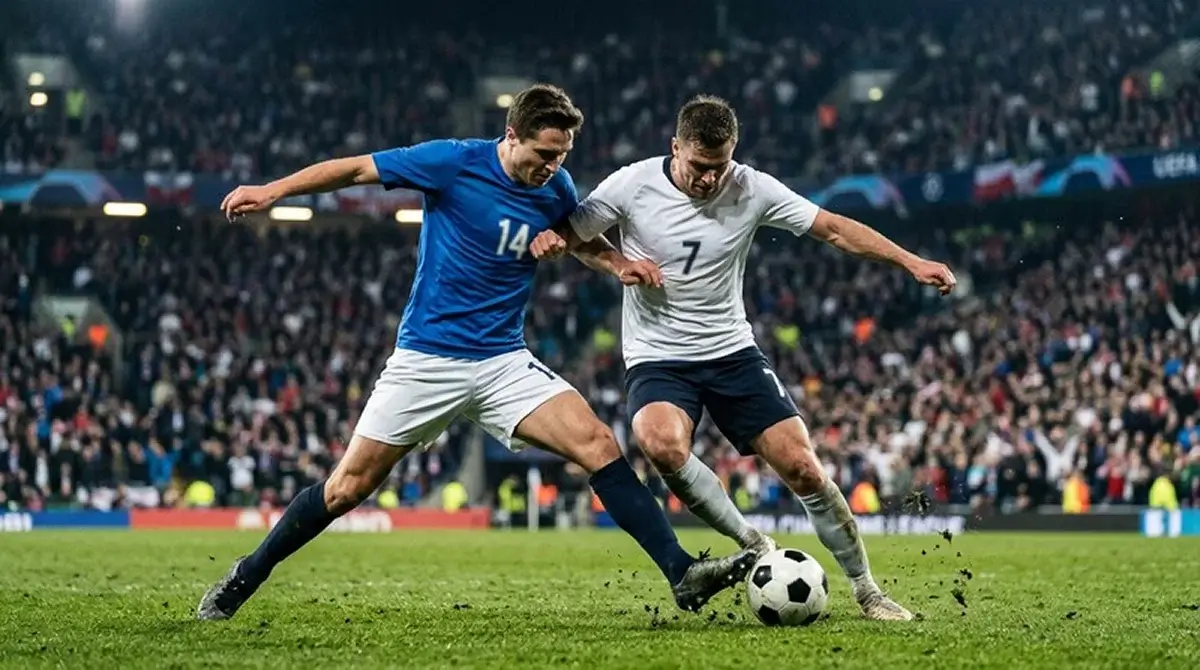 Two soccer players from opposing national teams competing for the ball in midfield during an intense World Cup match under floodlights