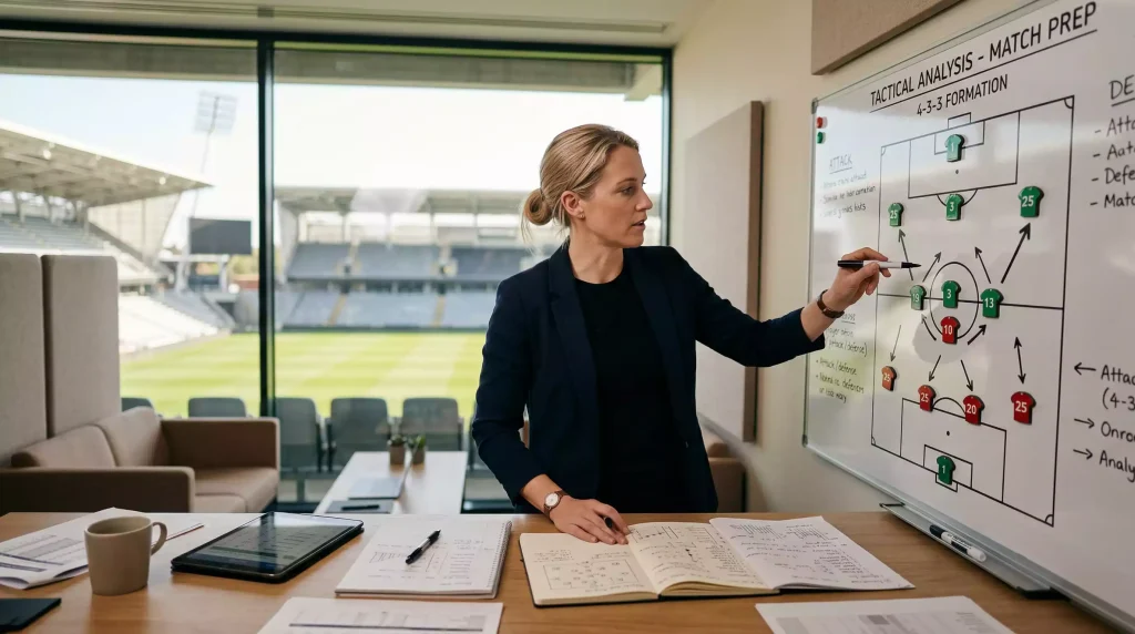 Soccer analyst reviewing World Cup 2026 tournament bracket predictions on tactical board