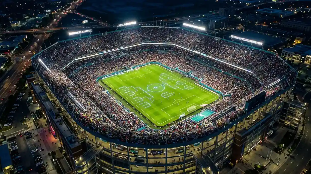 A wide aerial view of a packed modern football stadium at night with the pitch lit and the knockout bracket projected on the centre-circle grass