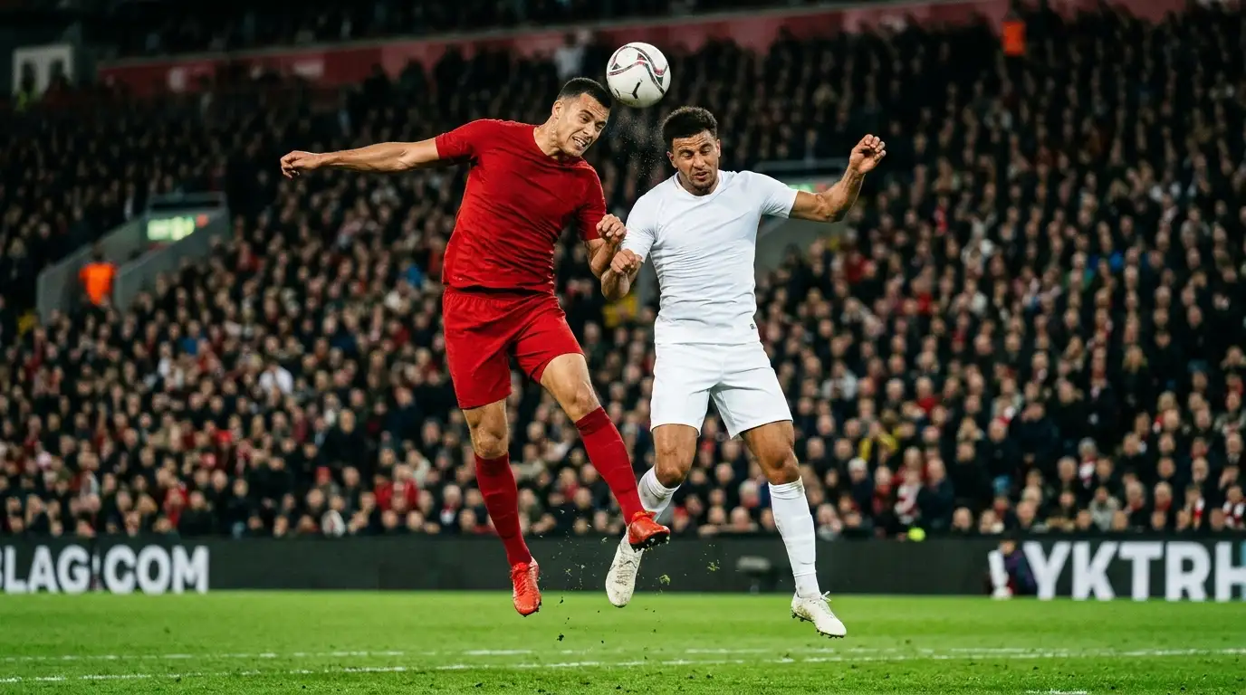 Two soccer players in red and in white national kits challenging for a header at full stretch during a knockout match, floodlit stadium, intense duel