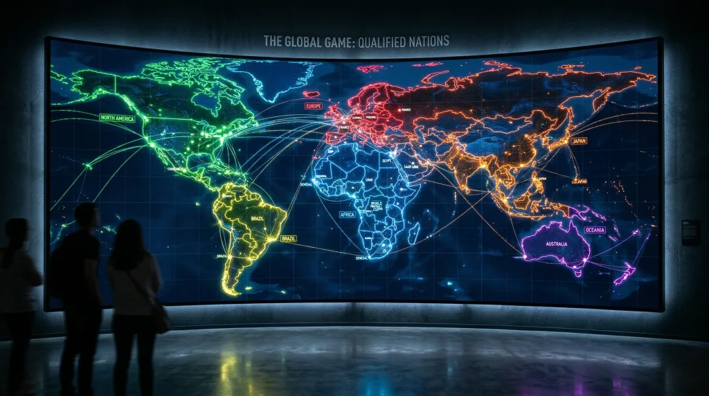 World map highlighting all 48 qualified nations for World Cup 2026 across six FIFA confederations