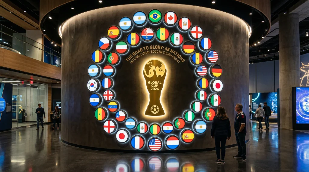 All 48 national team flags arranged around the World Cup 2026 trophy representing the largest field in tournament history