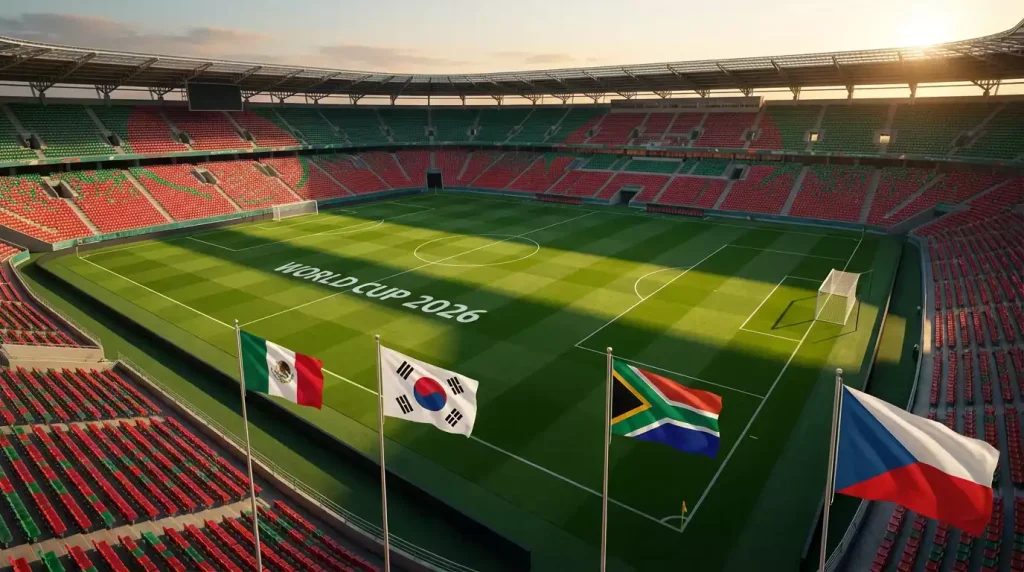 World Cup 2026 Group A featuring Mexico, South Korea, South Africa, and Czechia competing in the tournament opener