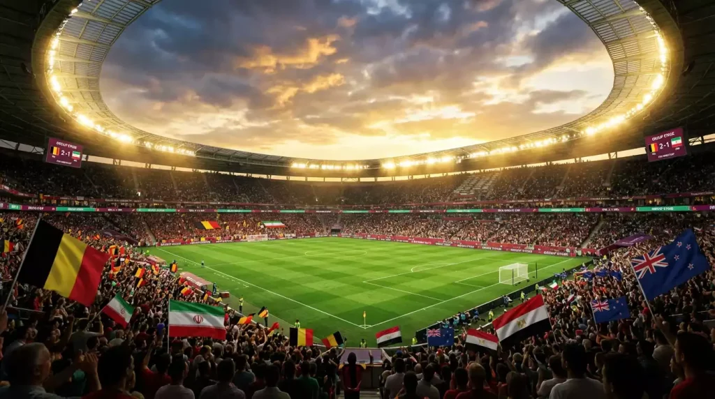 World Cup 2026 Group G featuring Belgium, Iran, Egypt, and New Zealand competing for knockout stage qualification