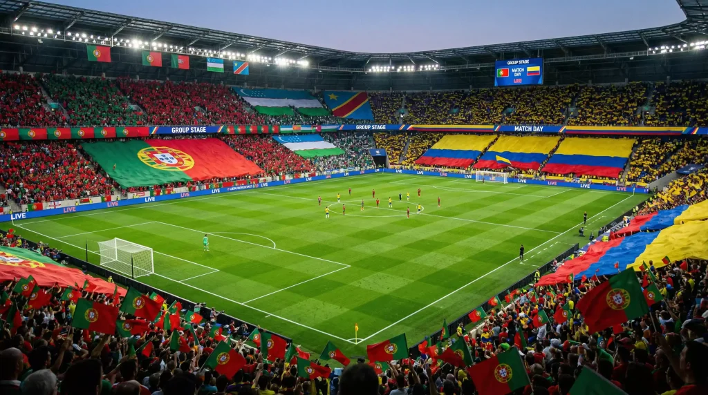 World Cup 2026 Group K featuring Portugal, Colombia, Uzbekistan, and DR Congo in tournament competition